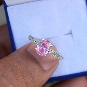 Lab Pink Sapphire Ring: Oval CZ Sterling Silver Engagement Ring