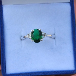 Art Deco Lab Emerald Ring: Sterling Silver May Birthstone