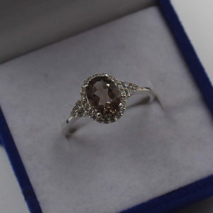 Oval Smoky Quartz Ring: Sterling Silver, Cubic Zirconia Halo