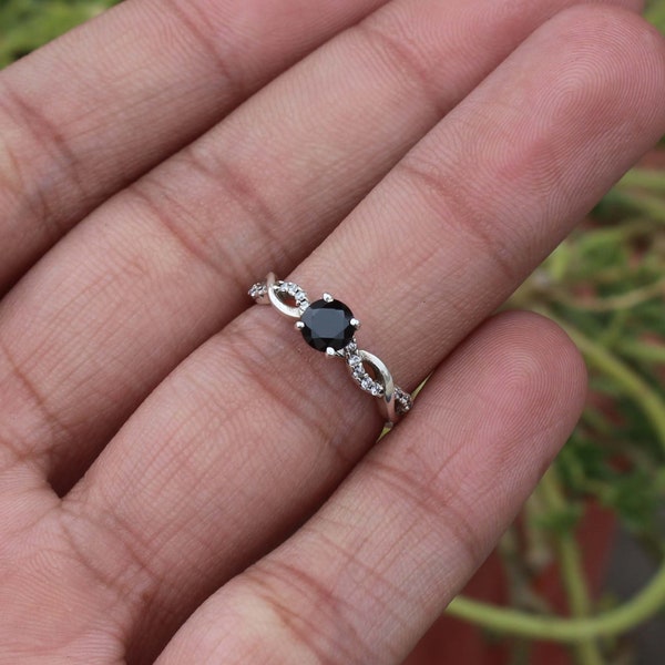 Dainty Black Onyx Ring, Stacking Ring, 925 Sterling Silver, Solitaire Engagement Ring, Black Gemstone