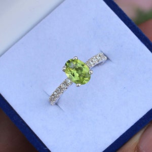 Genuine Peridot Oval Ring in Sterling Silver, Natural Green Peridot Ring, CZ, August Birthstone, Vintage Inspired Design