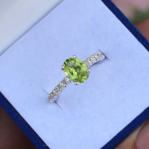 Genuine Peridot Oval Ring in Sterling Silver Natural Green Peridot Ring CZ August Birthstone Vintage Inspired Design