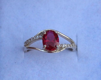 Handmade Lab Ruby Ring: 925 Sterling Silver, Cubic Zirconia Accents