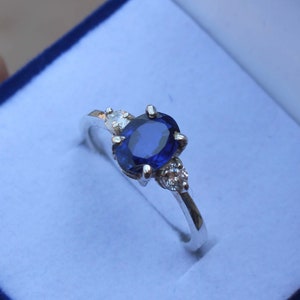 Oval Lab Blue Sapphire Ring: Sterling Silver Engagement Ring