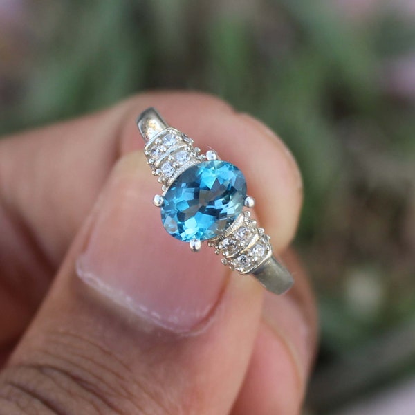 Natural London Blue Topaz Ring- Sterling Silver Ring- Engagement Ring- Promise Ring- November Birthstone- Anniversary Birthday- Gift For Her