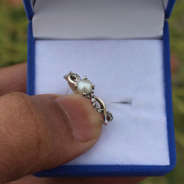 Dainty Pearl Ring: 925 Sterling Silver, CZ Accent, Stackable