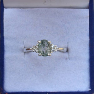 Vintage Moss Agate Ring, Oval Cut Sterling Silver Anniversary Gift