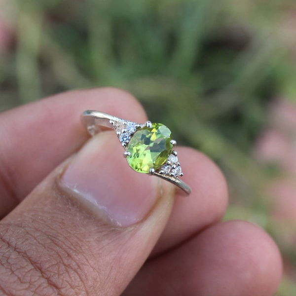 Natural Peridot Ring- Sterling Silver Ring -Engagement Promise Ring For Women Green Gemstone- August Birthstone - Anniversary Gift for Wife