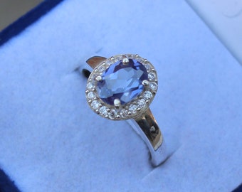 Oval Tanzanite Ring: Sterling Silver, Cubic Zirconia Halo