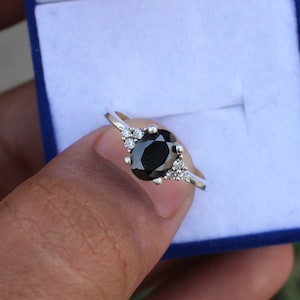 Oval Black Spinel Engagement Ring: Vintage Sterling Silver Promise Ring