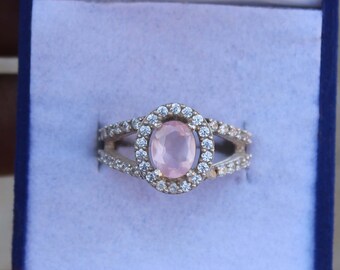 Oval Rose Quartz Ring – Sterling Silver, Cubic Zirconia Accents