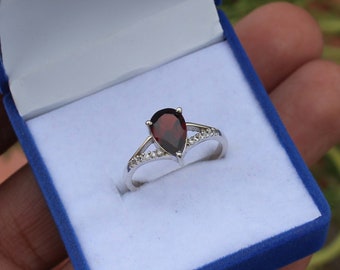 Garnet Ring Sterling Silver - 6x9 mm Pear Cut Garnet Ring - Dainty Stackable Jewelry - January Birthstone -Wedding Ring