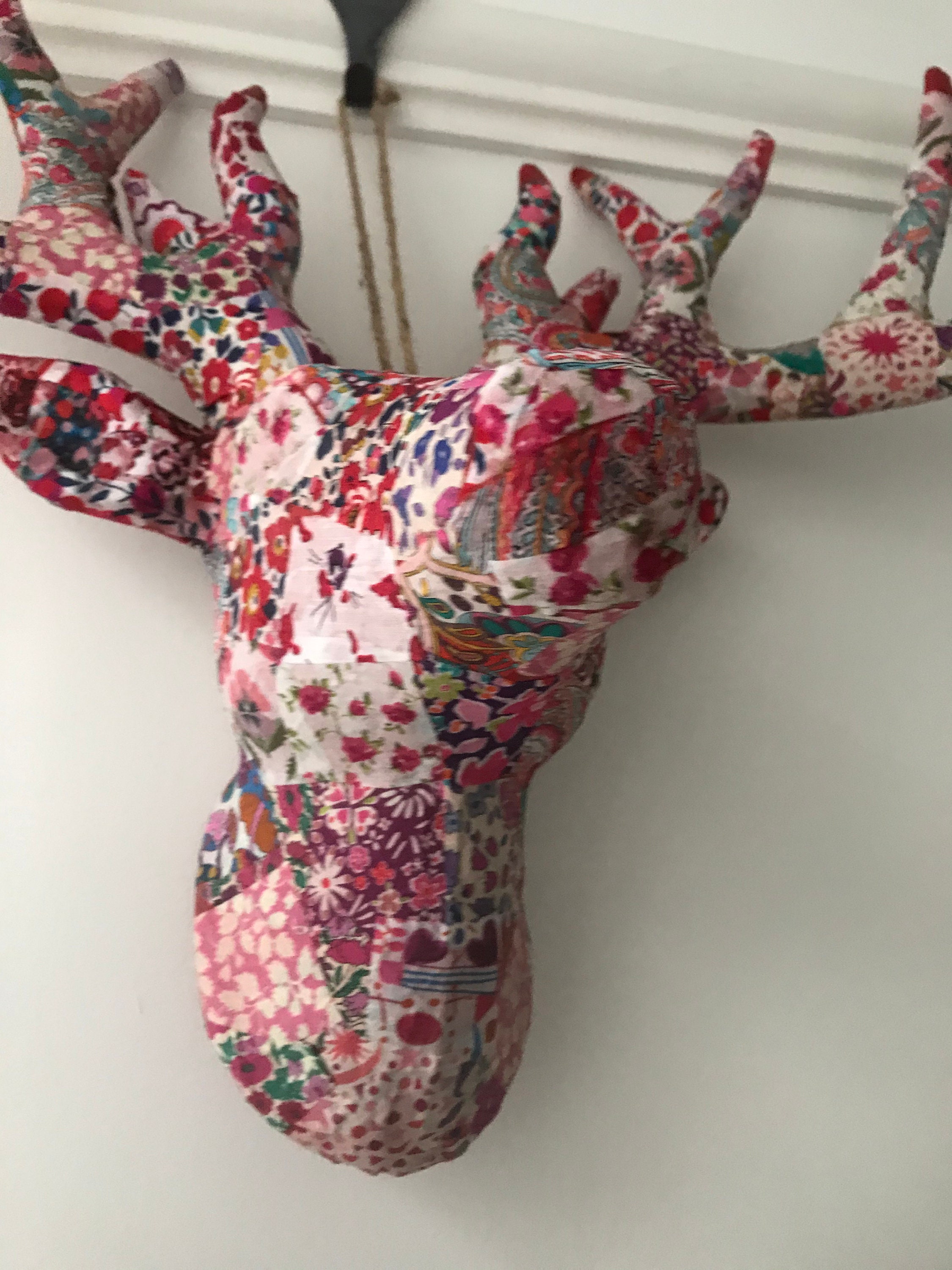 Stag Head in Liberty Fabric, Decoupaged Handmade Faux Taxidermy, Wall