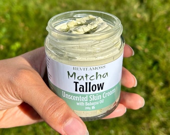 Whipped Tallow Cream infused with Matcha | Halal Tallow | Grass Fed and 100% Natural Beef Tallow Moisturiser | 200g Glass Jar
