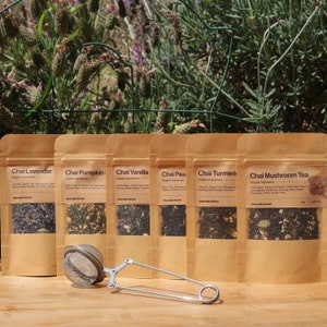 6 Chai Teemischungen | Chai Tee Geschenkset | Bio Chai Tee | Lavendel, Pfirsich, Vanille, Kürbisgewürz, 4 Pilze, Kurkuma Chai