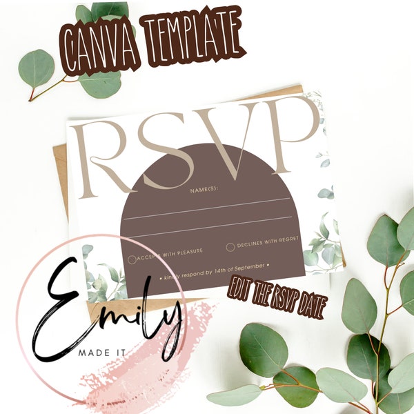 Canva Template for Minimalist Eucalyptus and earth undertone aesthetic, editable formal wedding rsvp post card for professional printing