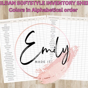 May include: A blank inventory sheet for Gildan Softstyle t-shirts. The sheet lists the colors of the t-shirts in alphabetical order, with columns for each size from XS to 3XL.