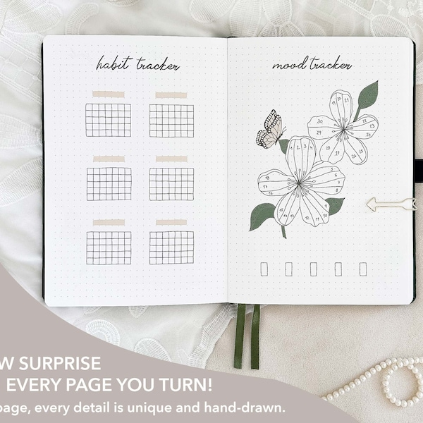 Premade Bullet Notebook | A5 Journal | Undated Planner | Personalized | Weekly spreads & monthly themes | 190 hand-drawn pages