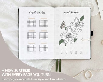 Premade Bullet Dotted Journal Planner | Undated Planner Journal A5 |  Personalized | Weekly spreads & monthly themes | 190 hand-drawn pages