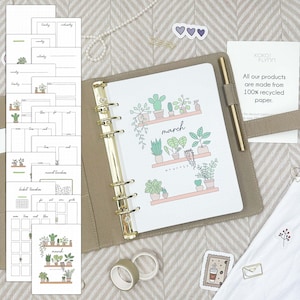Ringbandinzetstukken | Maart | Plantenthema | Maandplanner zonder datum | 16 handgeschilderde pagina's | A5-insteekkaarten | Kalenderinzetstukken voor tijdschriften