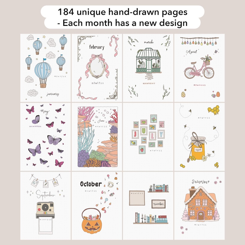 Premade Bullet Notebook | A5 Journal | Undated Planner | Personalized | Weekly spreads & monthly themes | 224 hand-drawn pages image 2