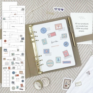 Ringbandinzetstukken | December | Thema Kerstzegels | Maandplanner zonder datum | 16 handgeschilderde pagina's | A5-insteekkaarten | Tijdschriftinzetstukken