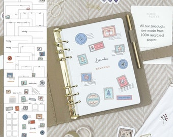 Ring binder inserts | December | Christmas stamps theme | monthly planner undated | 16 hand-drawn pages | A5 inserts | Monthly Journal