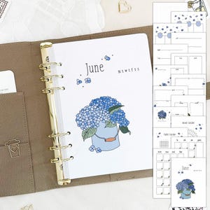 Encartes para fichário | Junho | Tema Hortênsia | Planejador mensal sem data | 16 páginas pintadas à mão | Encartes A5 | Encartes de calendário de diário