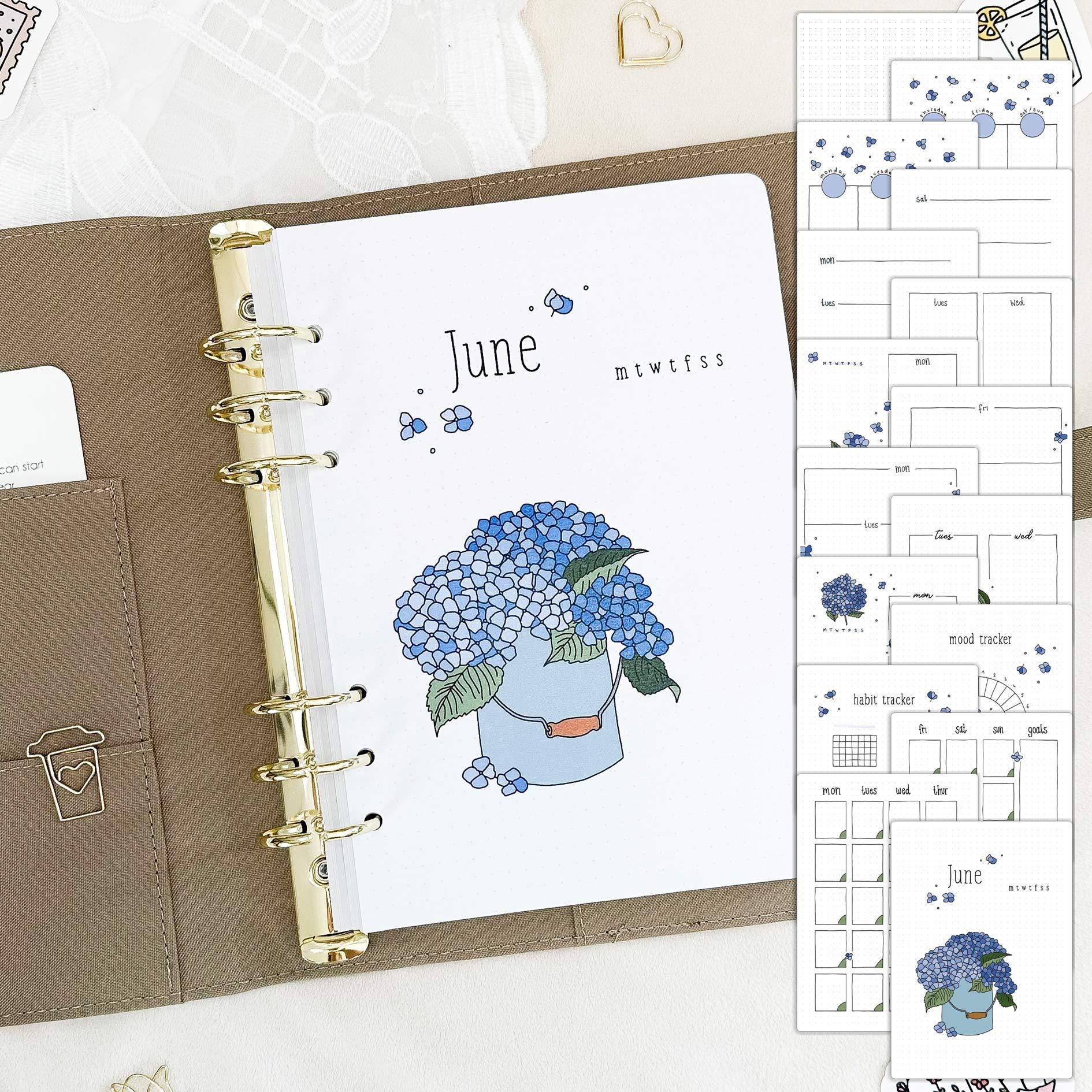 Ring binder inserts | June | Hydrangea's theme |  Monthly planner undated | 16 hand-drawn pages | A5 inserts | Monthly Journal | Refill