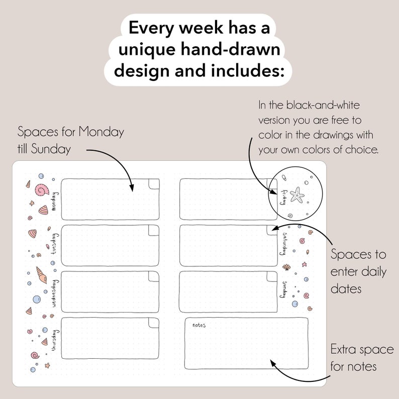 Premade Bullet Notebook A5 Journal Undated Planner Personalized Weekly spreads & monthly themes 190 hand-drawn pages image 5