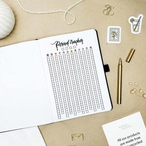 May include: A white and black period tracker with a grid of squares for each day of the year. The months are labelled at the top: January, February, March, April, May, June, July, August, September, October, November, December. The words "Period Tracker" are written in black cursive at the top of the page.