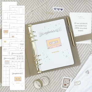 Ringbandinzetstukken | September | Muziekthema | Maandplanner zonder datum | 16 handgeschilderde pagina's | A5-insteekkaarten | Kalenderinzetstukken voor tijdschriften