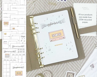 Ring binder inserts | September | Music theme | monthly planner undated | 16 hand-drawn pages | A5 inserts | Monthly Journal | Weekly refill