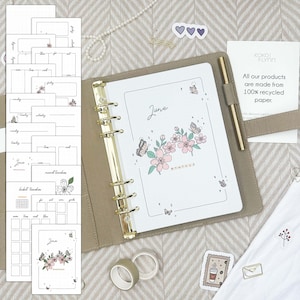 Ringbandinzetstukken | Juni | Vlinderthema | Maandplanner zonder datum | 16 handgeschilderde pagina's | A5-insteekkaarten | Kalenderinzetstukken voor tijdschriften