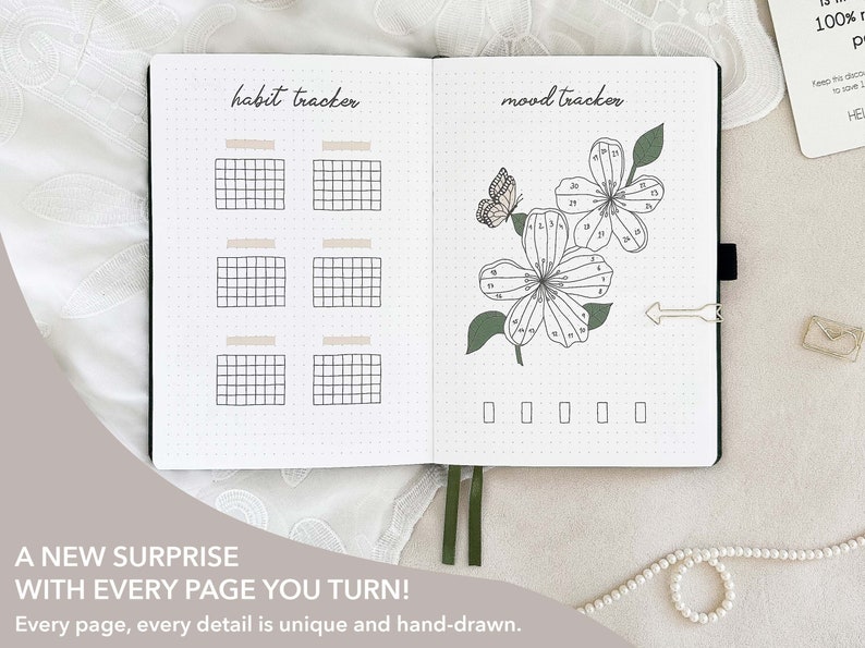 Premade Bullet Notebook A5 Journal Undated Planner Personalized Weekly spreads & monthly themes 190 hand-drawn pages image 1