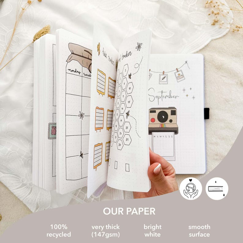 Premade Bullet Notebook | A5 Journal | Undated Planner | Personalized | Weekly spreads & monthly themes | 224 hand-drawn pages image 4
