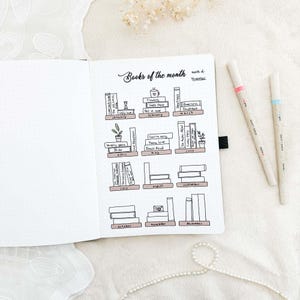 Könnte beinhalten: Ein offenes Notizbuch mit einem handgezeichneten Layout "Bücher des Monats". Das Layout zeigt illustrierte Bücherregale für jeden Monat mit Buchtiteln und dekorativen Elementen. Zwei Stifte mit rosa und blauen Akzenten befinden sich auf der rechten Seite.