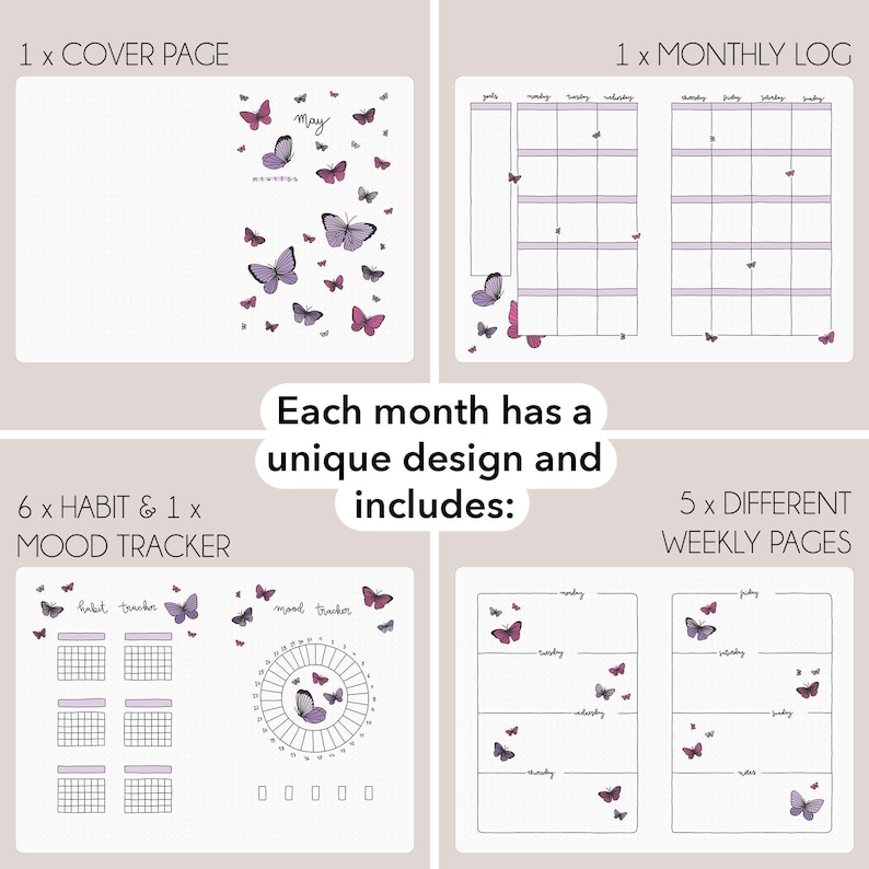 Premade Bullet Notebook | A5 Journal | Undated Planner | Personalized | Weekly spreads & monthly themes | 224 hand-drawn pages image 3