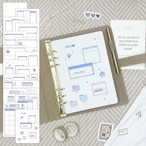 Ringbandinzetstukken | Januari | Computerthema | Maandplanner zonder datum | 16 handgeschilderde pagina's | A5-insteekkaarten | Kalenderinzetstukken voor tijdschriften