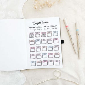 Puede incluir: Cuaderno abierto en una página de seguimiento de peso. La página presenta un título escrito a mano, pesos iniciales y objetivo, e ilustraciones de balanzas en rosa y azul. Dos bolígrafos con detalles en rosa y azul están a la derecha.