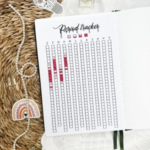 May include: A period tracker with a grid of squares, labelled with the months of the year. The squares are filled in with red dots to indicate the days of the month when the user had their period.