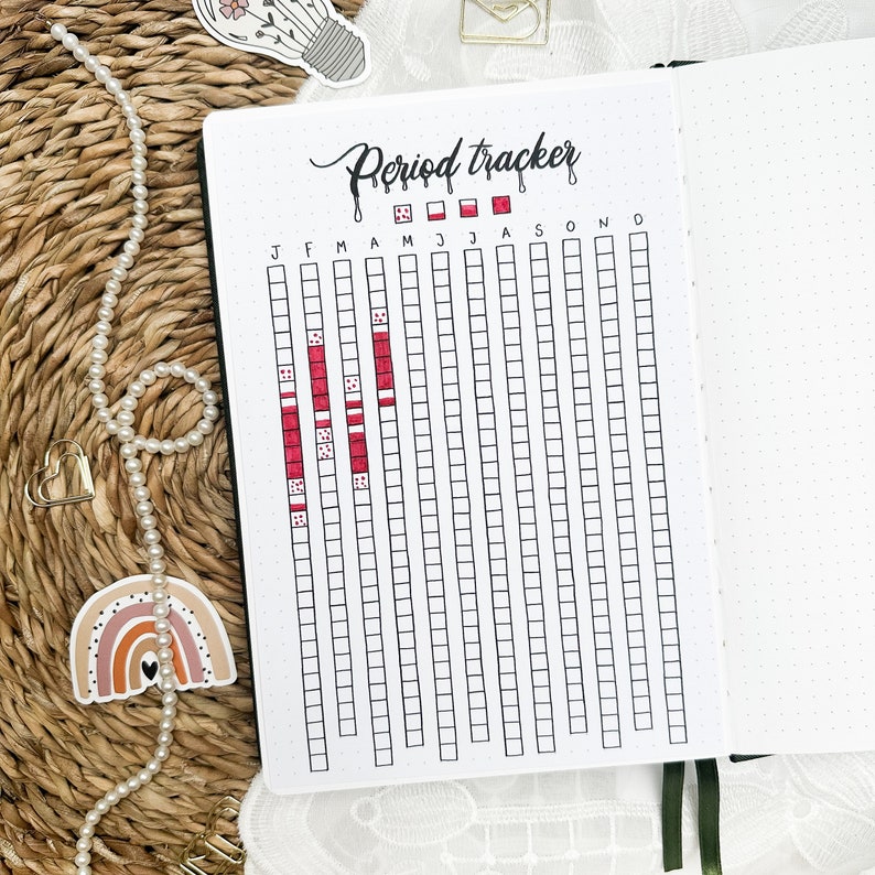 May include: A period tracker with a grid of squares, labelled with the months of the year. The squares are filled in with red dots to indicate the days of the month when the user had their period.