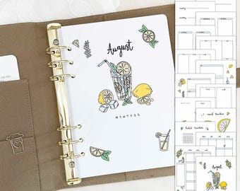 Ring binder inserts | August  | Lemon theme | monthly planner undated | 16 hand-drawn pages | A5 inserts | Monthly Journal | Weekly refill