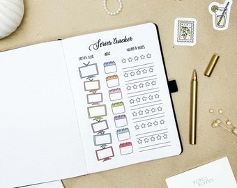 May include: A white page with black lines and a handwritten title "Series tracker". The page is divided into three columns labeled "Series Title", "Date", and "Rating & Notes". Each row has a cartoon television set, a calendar, and a row of stars for rating.