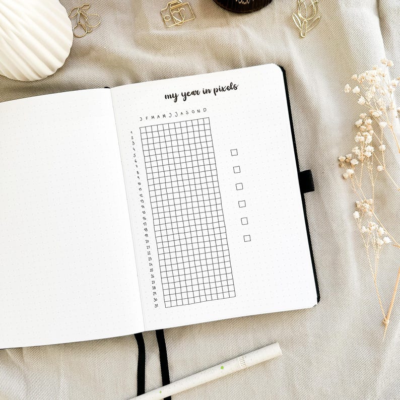 May include: A black and white planner page with the title "my year in pixels". The page is divided into a grid with 31 rows and 12 columns, representing the days of the month and the months of the year. There are also 5 empty boxes on the right side of the page.