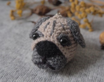 Fawn Pug Keychain, Crochet 3D Dog Keychain, Crochet Pug Charm, Crochet Amigurumi Dog, Custom Dog Keyring, Personalized Dog Gift