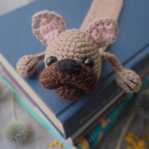 Brown French Bulldog Bookmark, Funny Bulldog Gift, Boston Terrier Crochet 3D Bookmark, Soft Plush Animal Bookmark, Bulldog Owner Gift image 1