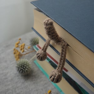 May include: A brown crocheted bookmark shaped like a cat's paw with two paws sticking out from the top of a stack of books. The books are on a gray surface with dried flowers.