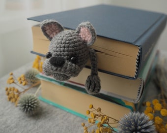 Grey French Bulldog Bookmark, Funny Bulldog Gift, Soft Plush Animal Bookmark, Boston Terrier Crochet 3D Bookmark, Bulldog Owner Gift