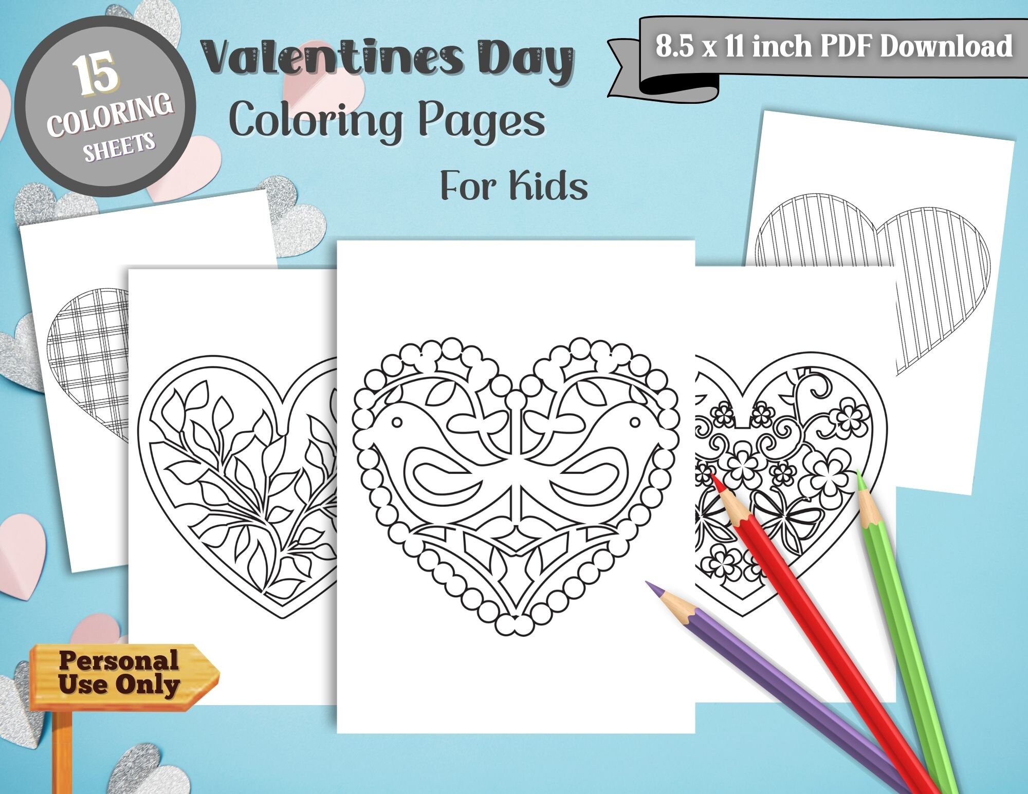 Heart Coloring Pages for Kids, Valentine's Day Coloring Sheets, Preschool printables Valentine's Day Activity Worksheet PDF Instant Download